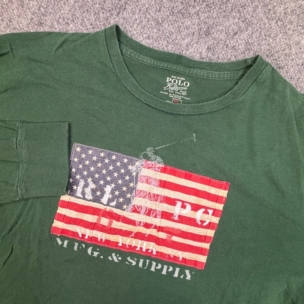 Polo Ralph Lauren Mens XL Green Long Sleeve American Flag Graphic T-Shirt 0853